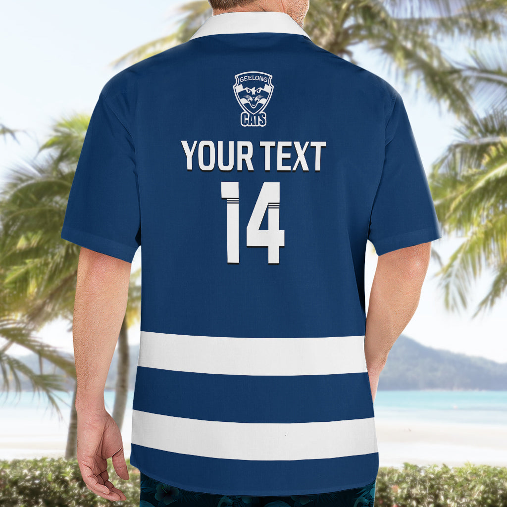 Personalised Geelong Football 2023 Hawaiian Shirt Go Cats Navy Blue Sporty Style - Vibe Hoodie Shop