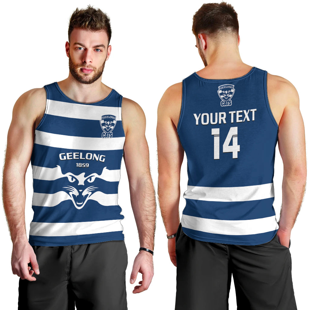 Personalised Geelong Football 2023 Men Tank Top Go Cats Navy Blue Sporty Style - Vibe Hoodie Shop