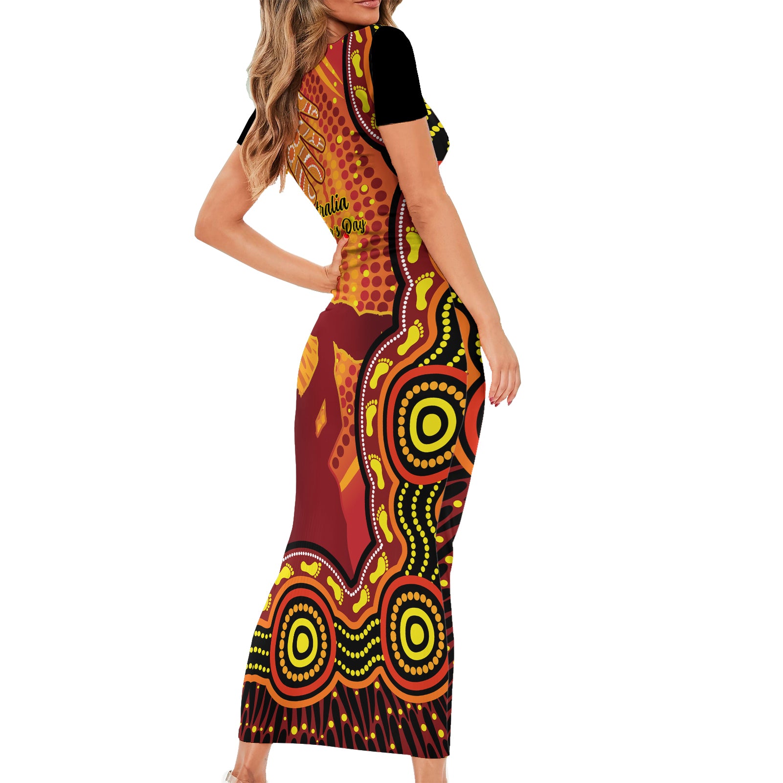 australia-father-day-short-sleeve-bodycon-dress-aussie-best-dad-ever-indigenous-hand-art