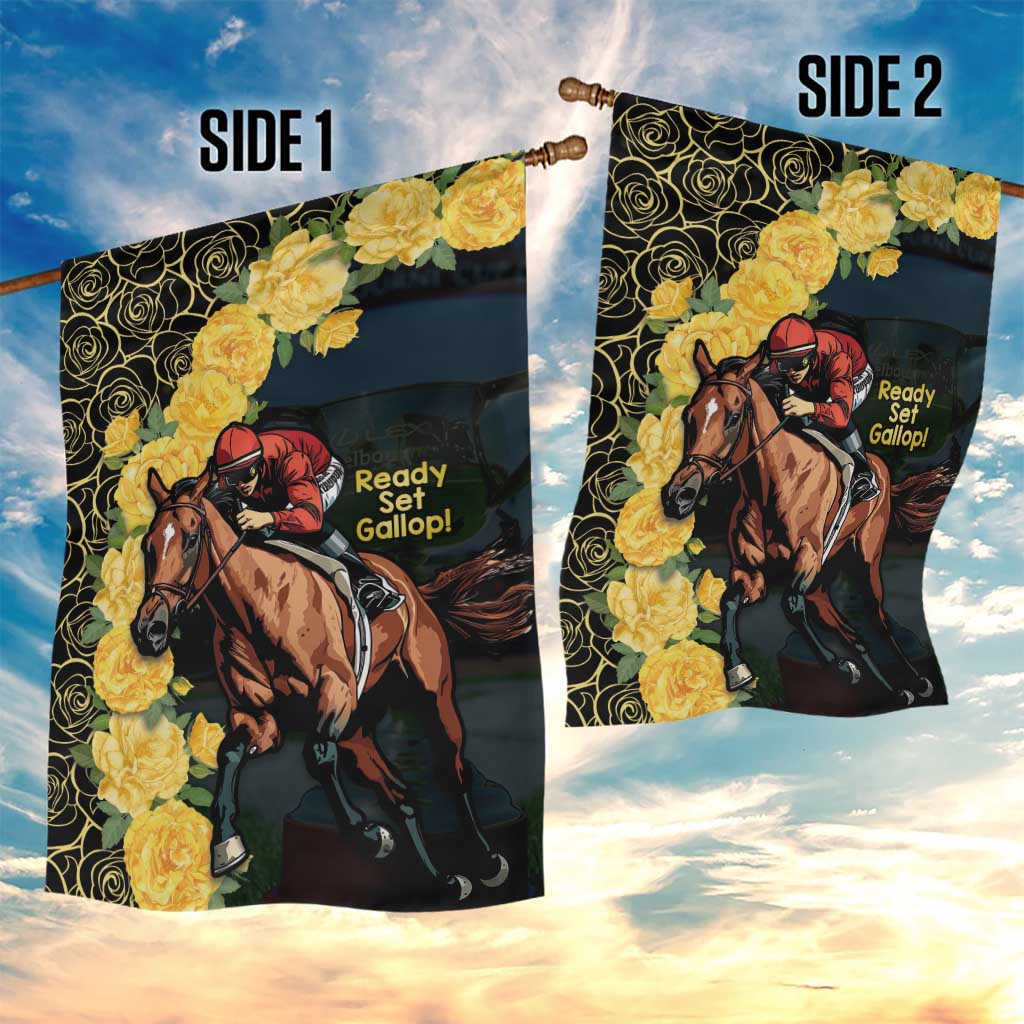 Melbourne Horse Racing Garden Flag Yellow Roses - Ready Set Gallop! - Vibe Hoodie Shop