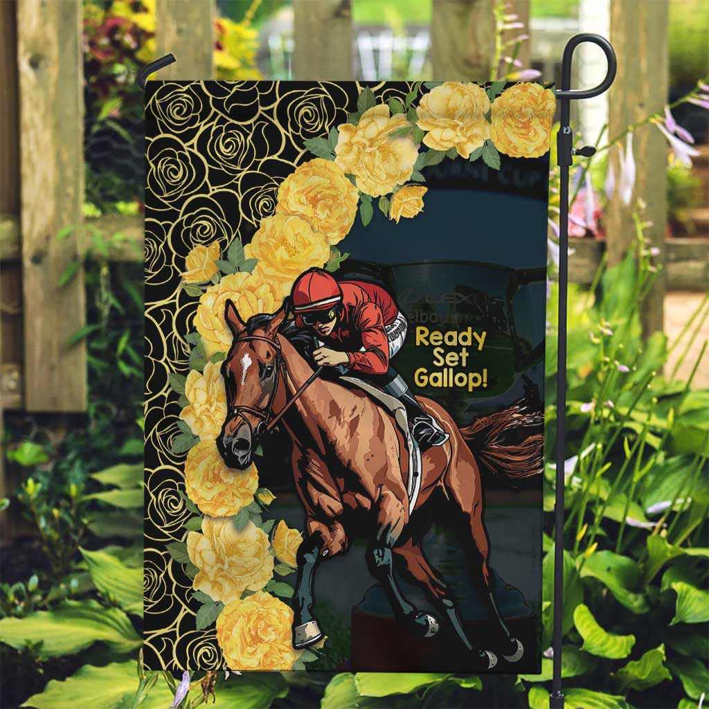 Melbourne Horse Racing Garden Flag Yellow Roses - Ready Set Gallop! - Vibe Hoodie Shop
