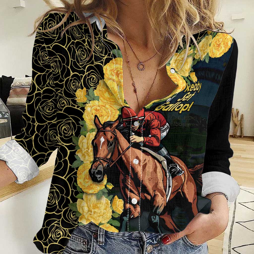 Melbourne Horse Racing Women Casual Shirt Yellow Roses - Ready Set Gallop! - Vibe Hoodie Shop