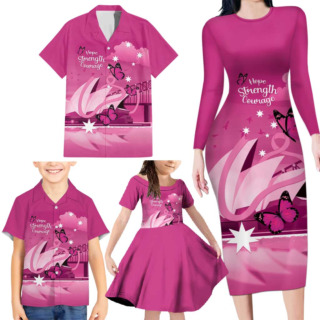 Personalised Australia Breast Cancer Awareness Family Matching Long Sleeve Bodycon Dress and Hawaiian Shirt Sydney Opera House Butterfly Pink Ribbon - Vibe Hoodie