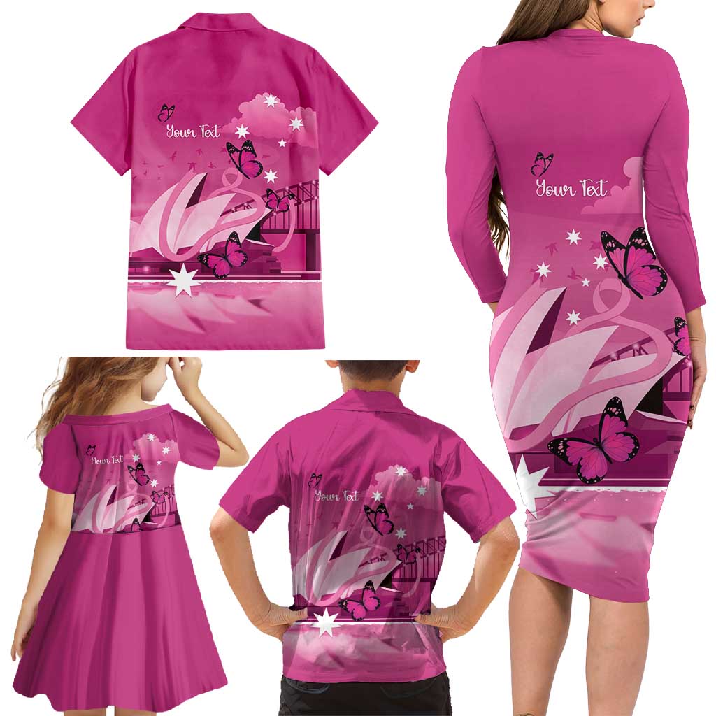 Personalised Australia Breast Cancer Awareness Family Matching Long Sleeve Bodycon Dress and Hawaiian Shirt Sydney Opera House Butterfly Pink Ribbon - Vibe Hoodie