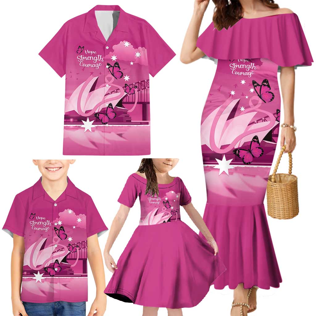 Personalised Australia Breast Cancer Awareness Family Matching Mermaid Dress and Hawaiian Shirt Sydney Opera House Butterfly Pink Ribbon - Vibe Hoodie