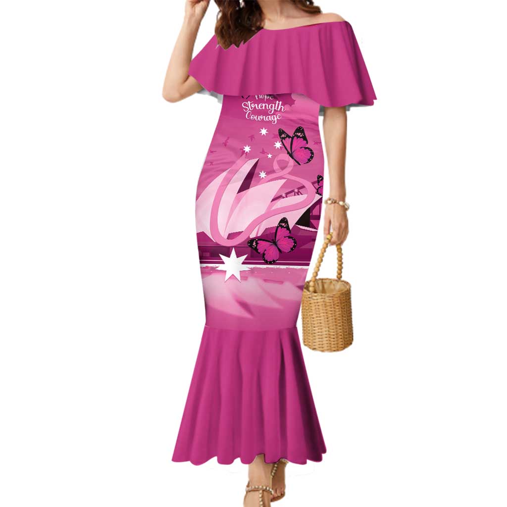 Personalised Australia Breast Cancer Awareness Family Matching Mermaid Dress and Hawaiian Shirt Sydney Opera House Butterfly Pink Ribbon - Vibe Hoodie