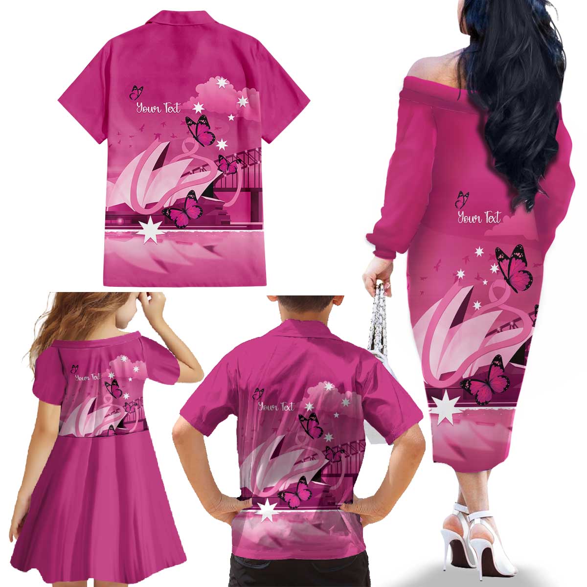 Personalised Australia Breast Cancer Awareness Family Matching Off The Shoulder Long Sleeve Dress and Hawaiian Shirt Sydney Opera House Butterfly Pink Ribbon - Vibe Hoodie