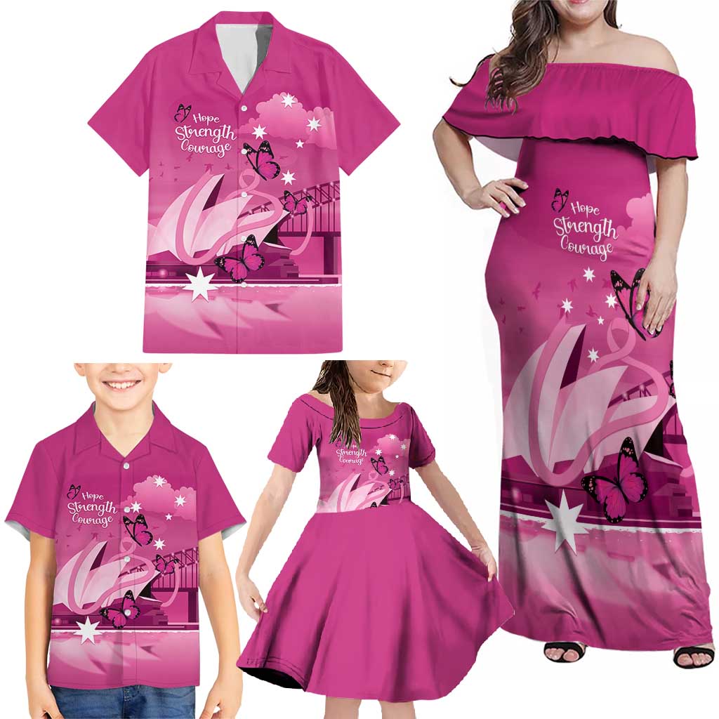 Personalised Australia Breast Cancer Awareness Family Matching Off Shoulder Maxi Dress and Hawaiian Shirt Sydney Opera House Butterfly Pink Ribbon - Vibe Hoodie