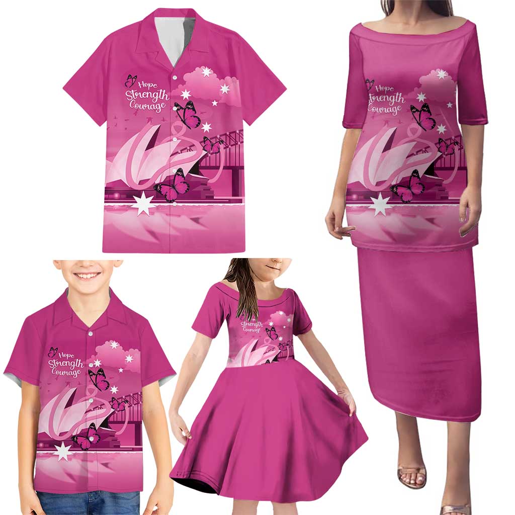 Personalised Australia Breast Cancer Awareness Family Matching Puletasi and Hawaiian Shirt Sydney Opera House Butterfly Pink Ribbon - Vibe Hoodie