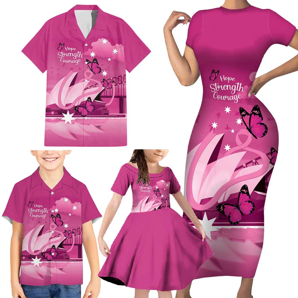 Personalised Australia Breast Cancer Awareness Family Matching Short Sleeve Bodycon Dress and Hawaiian Shirt Sydney Opera House Butterfly Pink Ribbon - Vibe Hoodie