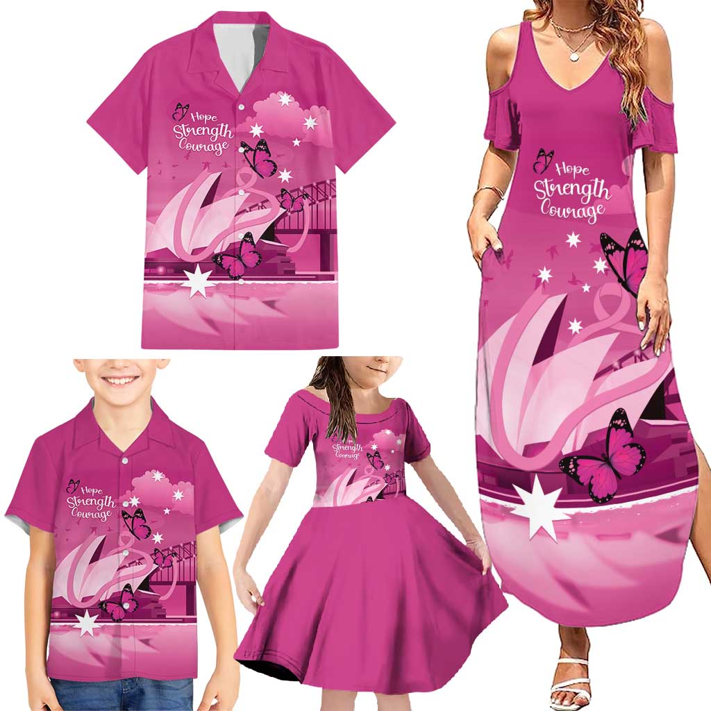 Personalised Australia Breast Cancer Awareness Family Matching Summer Maxi Dress and Hawaiian Shirt Sydney Opera House Butterfly Pink Ribbon - Vibe Hoodie