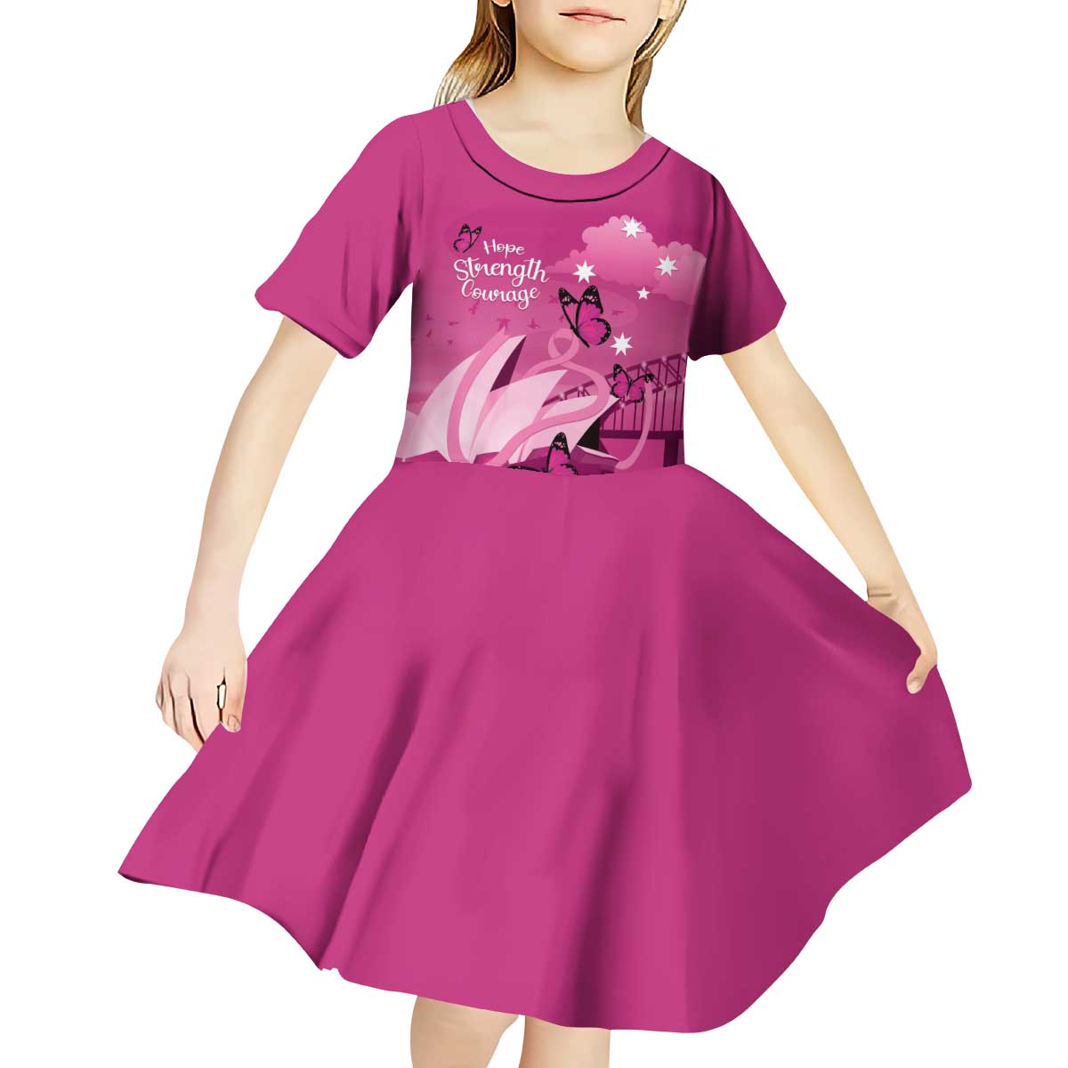 Personalised Australia Breast Cancer Awareness Kid Short Sleeve Dress Sydney Opera House Butterfly Pink Ribbon - Vibe Hoodie