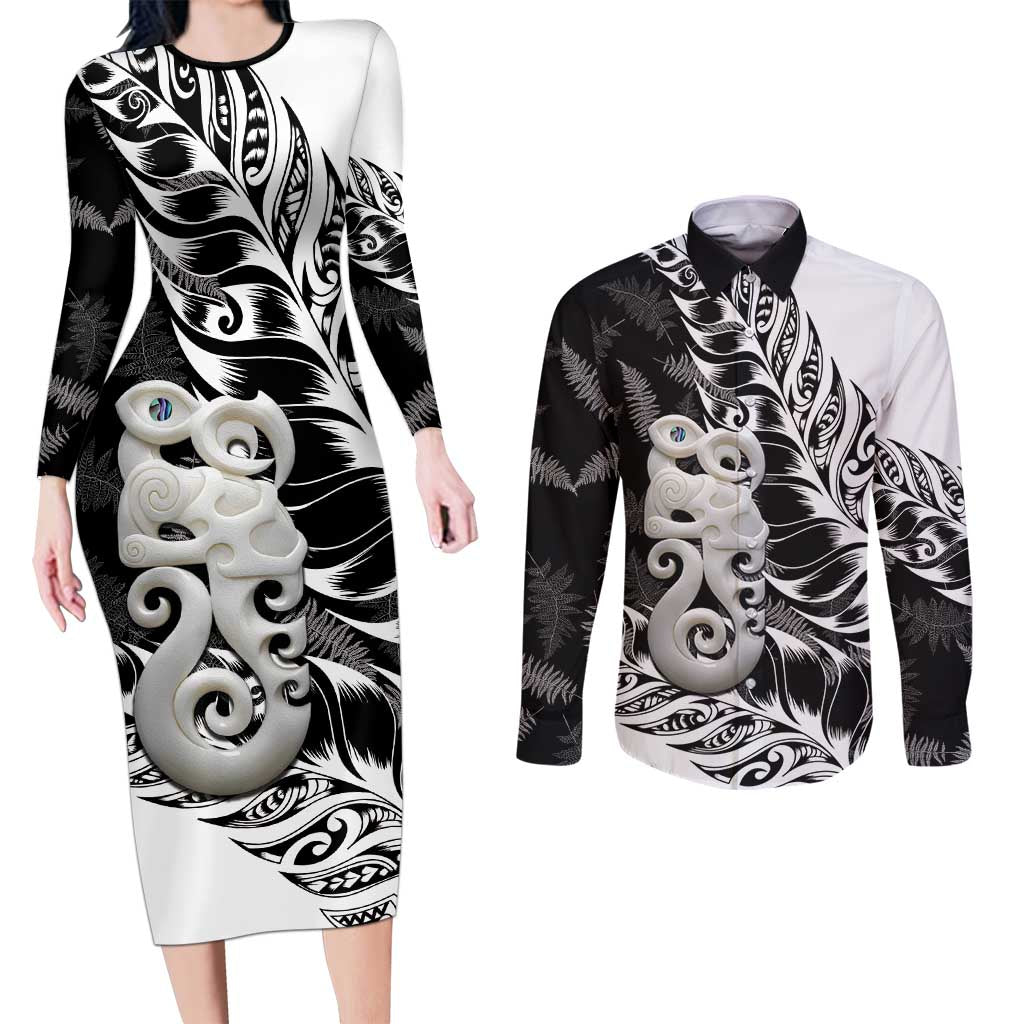 Aotearoa Manaia NZ Maori Silver Fern Couples Matching Long Sleeve Bodycon Dress and Long Sleeve Button Shirt