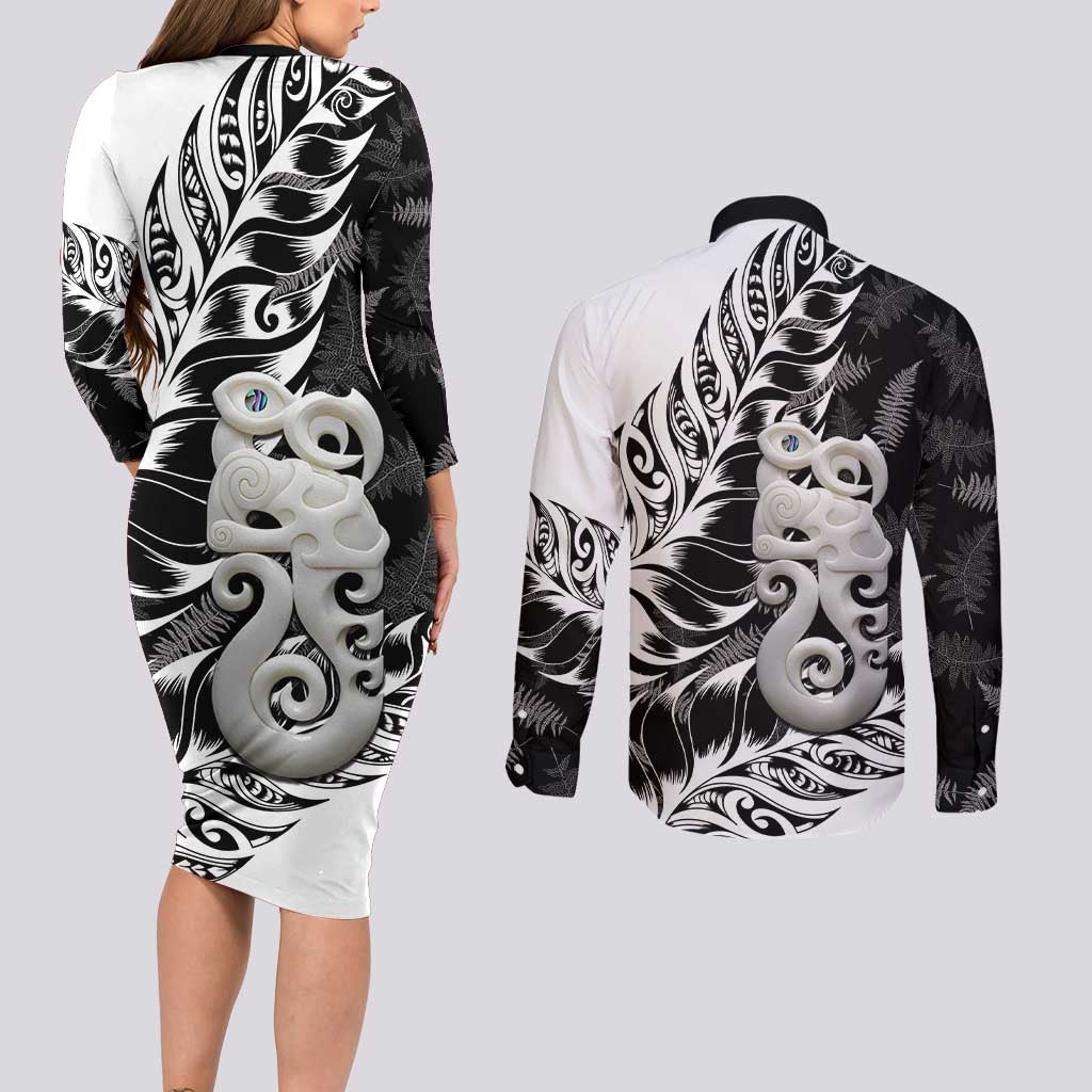 Aotearoa Manaia NZ Maori Silver Fern Couples Matching Long Sleeve Bodycon Dress and Long Sleeve Button Shirt