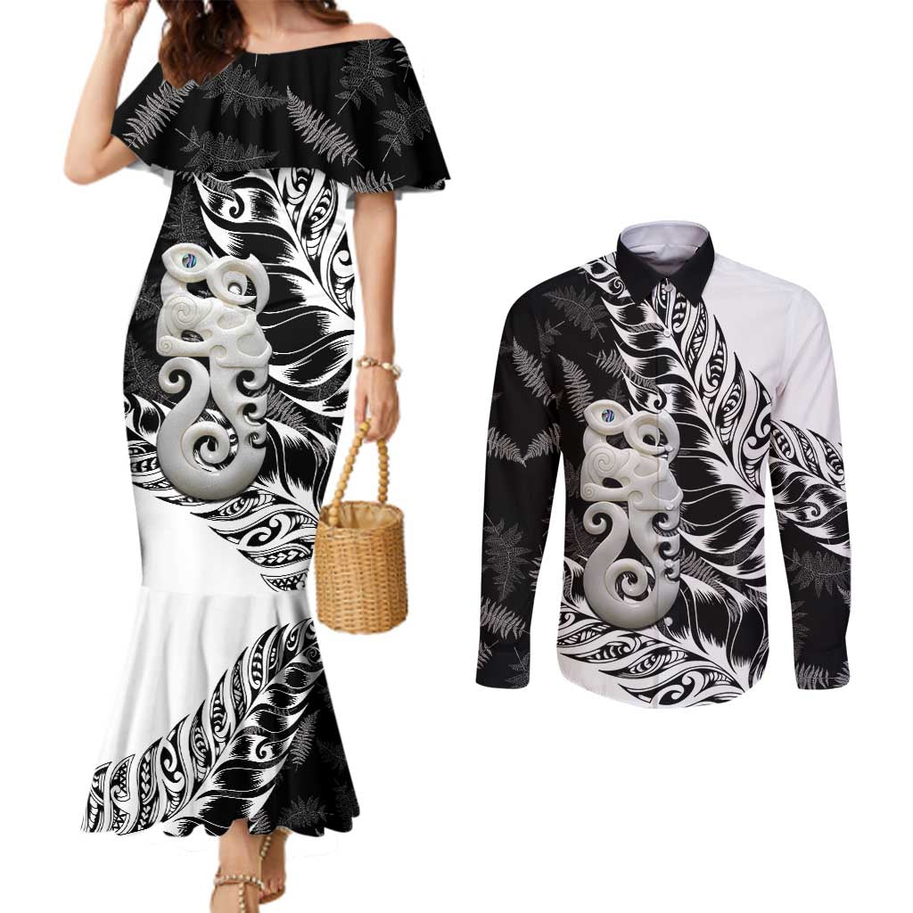 Aotearoa Manaia NZ Maori Silver Fern Couples Matching Mermaid Dress and Long Sleeve Button Shirt