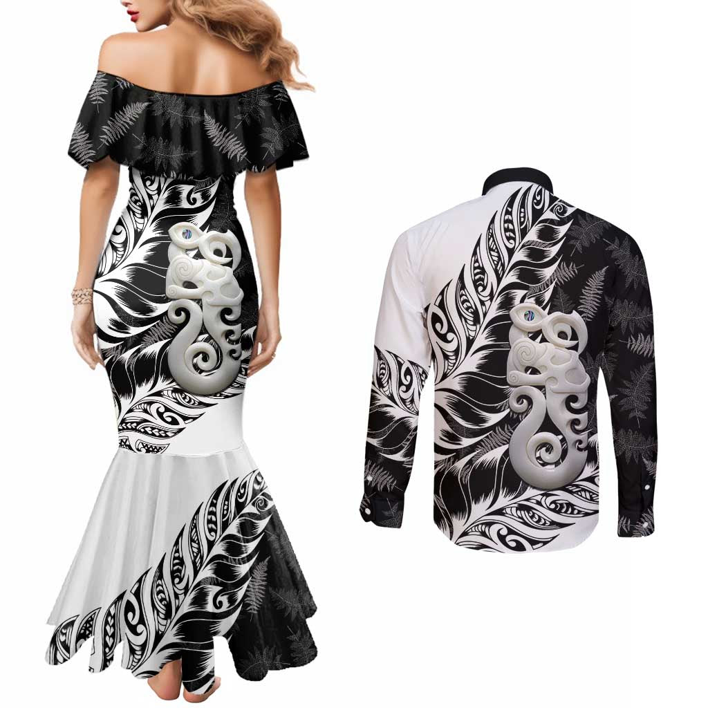 Aotearoa Manaia NZ Maori Silver Fern Couples Matching Mermaid Dress and Long Sleeve Button Shirt