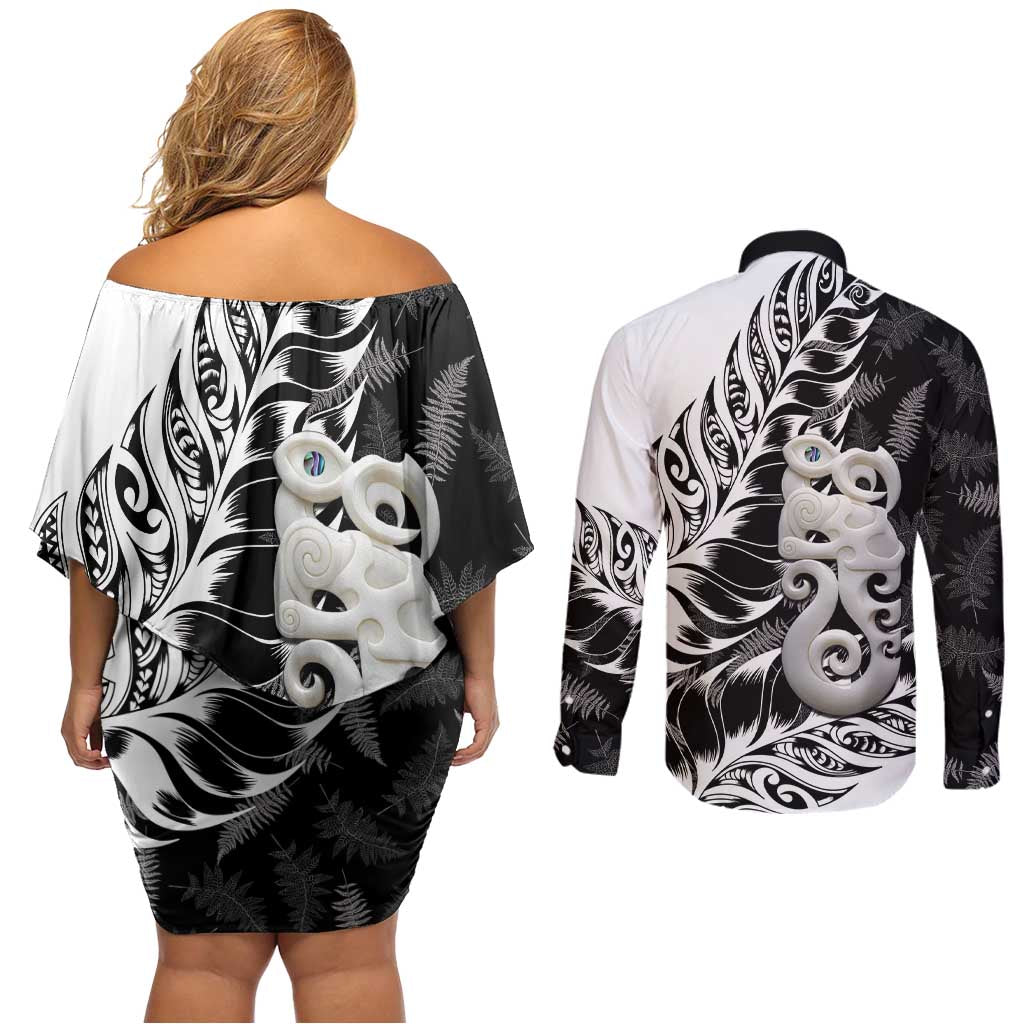 Aotearoa Manaia NZ Maori Silver Fern Couples Matching Off Shoulder Short Dress and Long Sleeve Button Shirt