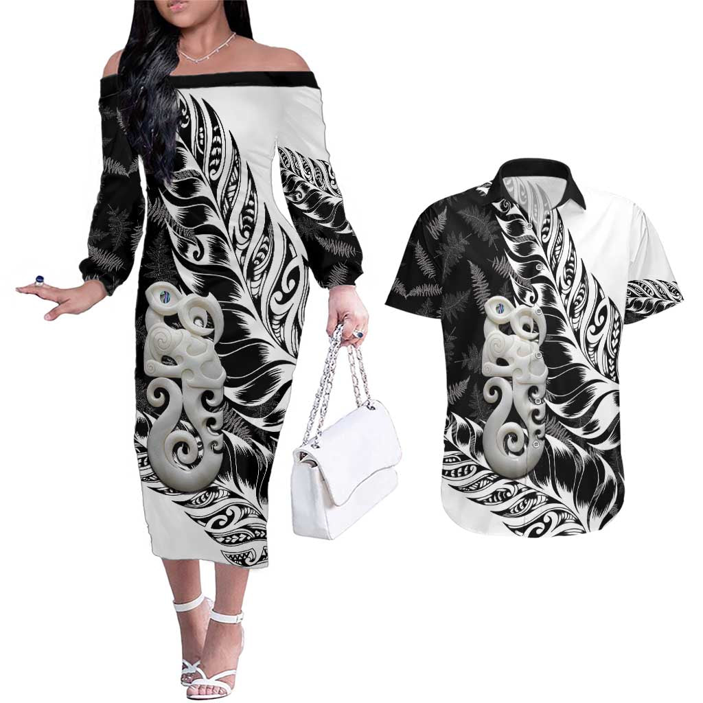 Aotearoa Manaia NZ Maori Silver Fern Couples Matching Off The Shoulder Long Sleeve Dress and Hawaiian Shirt