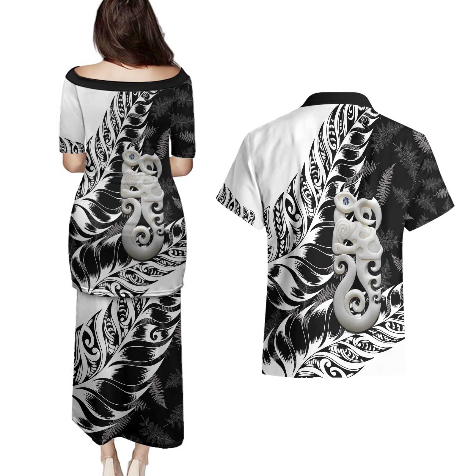 Aotearoa Manaia NZ Maori Silver Fern Couples Matching Puletasi and Hawaiian Shirt