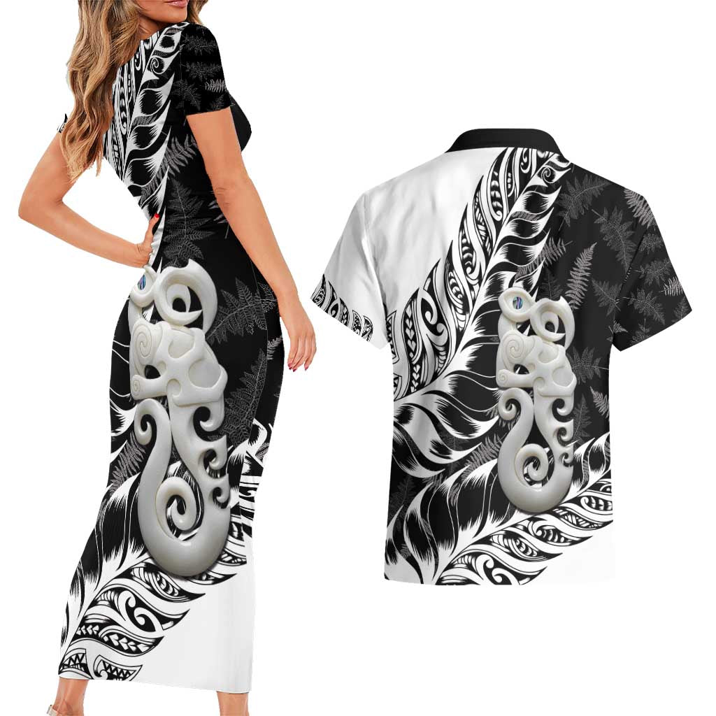 Aotearoa Manaia NZ Maori Silver Fern Couples Matching Short Sleeve Bodycon Dress and Hawaiian Shirt