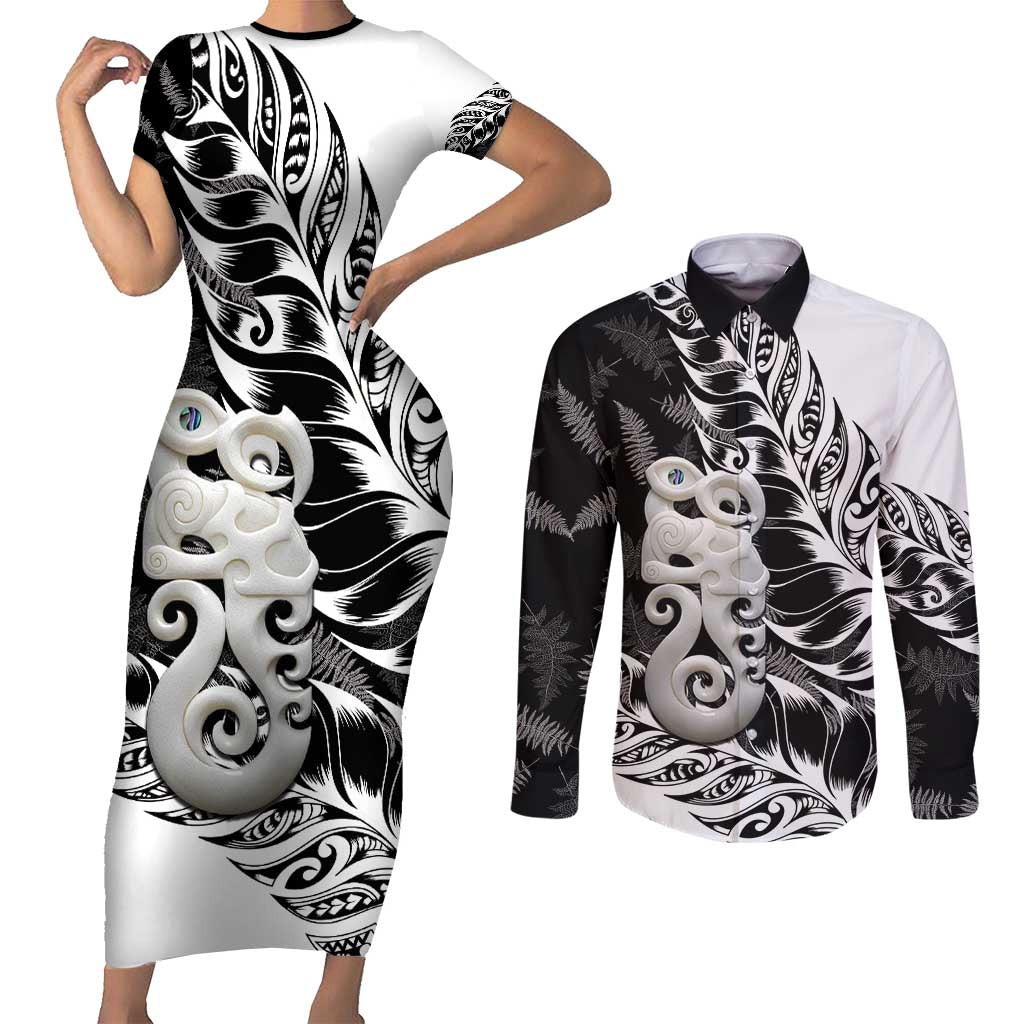 Aotearoa Manaia NZ Maori Silver Fern Couples Matching Short Sleeve Bodycon Dress and Long Sleeve Button Shirt