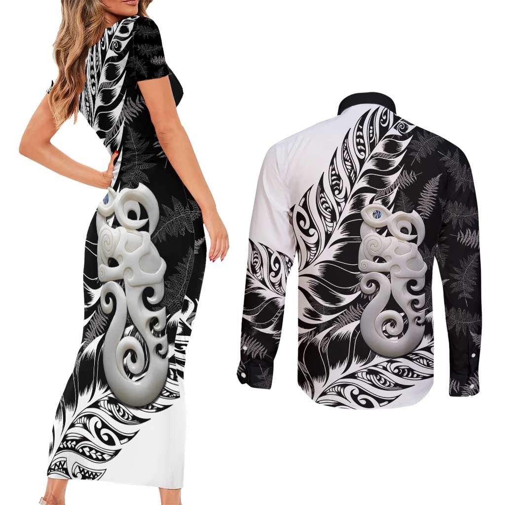 Aotearoa Manaia NZ Maori Silver Fern Couples Matching Short Sleeve Bodycon Dress and Long Sleeve Button Shirt