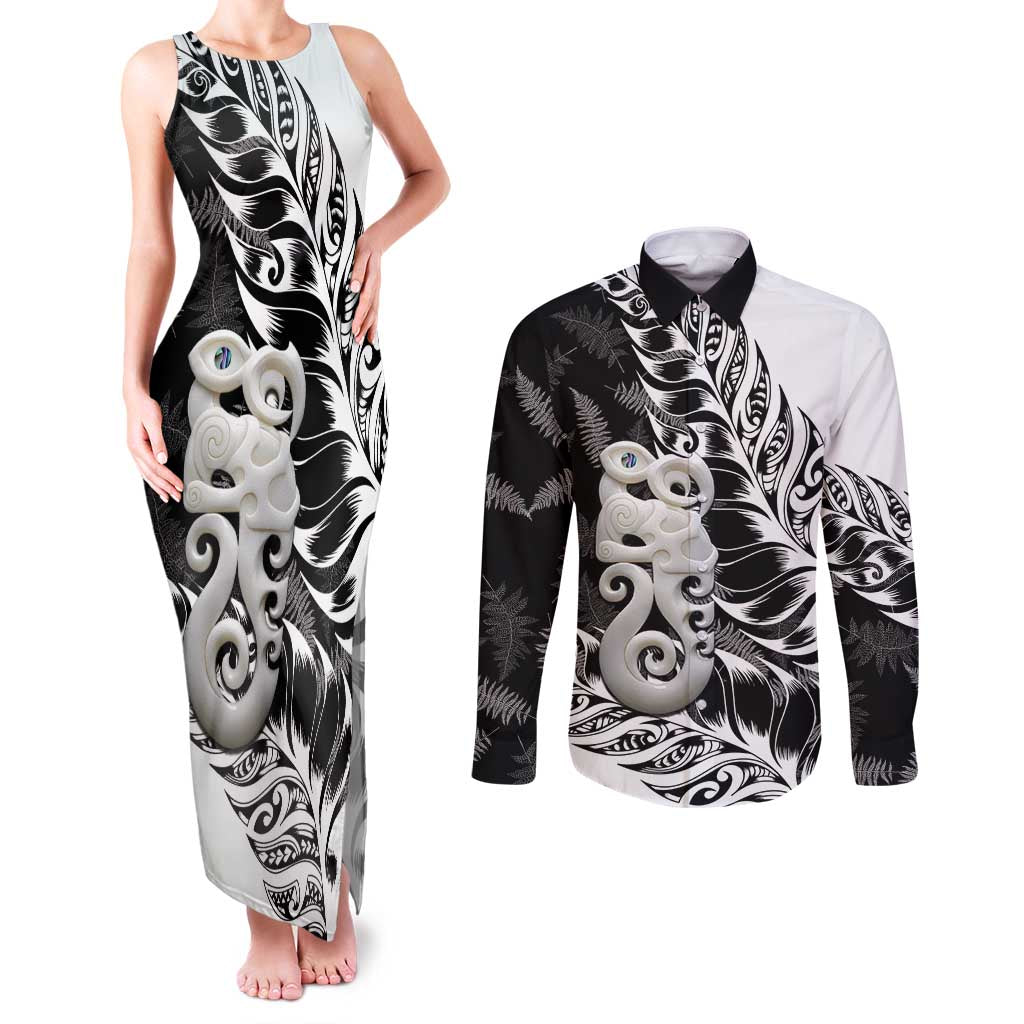 Aotearoa Manaia NZ Maori Silver Fern Couples Matching Tank Maxi Dress and Long Sleeve Button Shirt