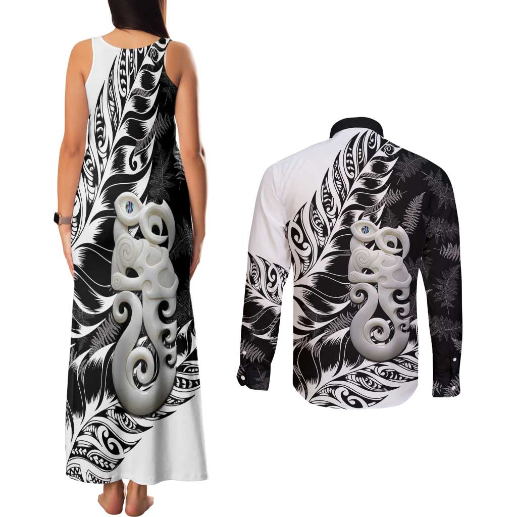 Aotearoa Manaia NZ Maori Silver Fern Couples Matching Tank Maxi Dress and Long Sleeve Button Shirt