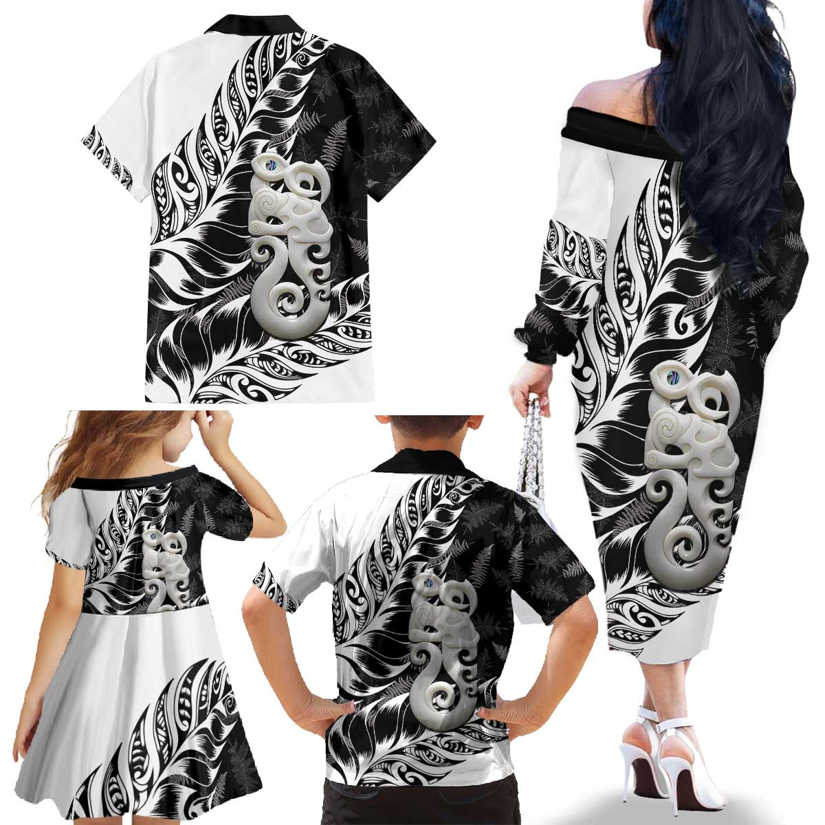 Aotearoa Manaia NZ Maori Silver Fern Family Matching Off The Shoulder Long Sleeve Dress and Hawaiian Shirt