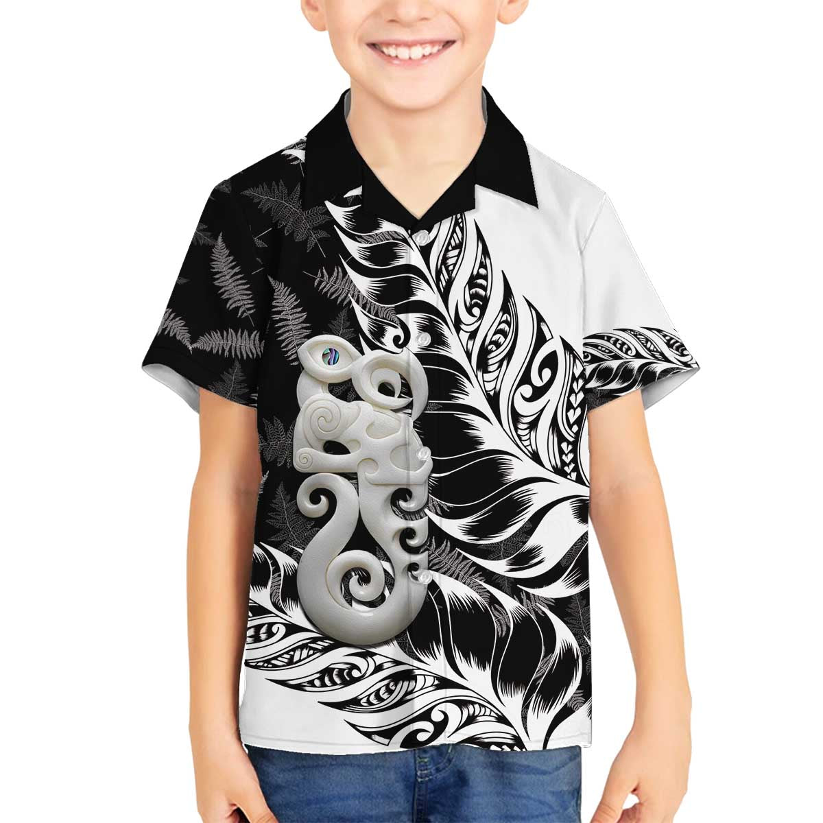 Aotearoa Manaia NZ Maori Silver Fern Family Matching Off The Shoulder Long Sleeve Dress and Hawaiian Shirt