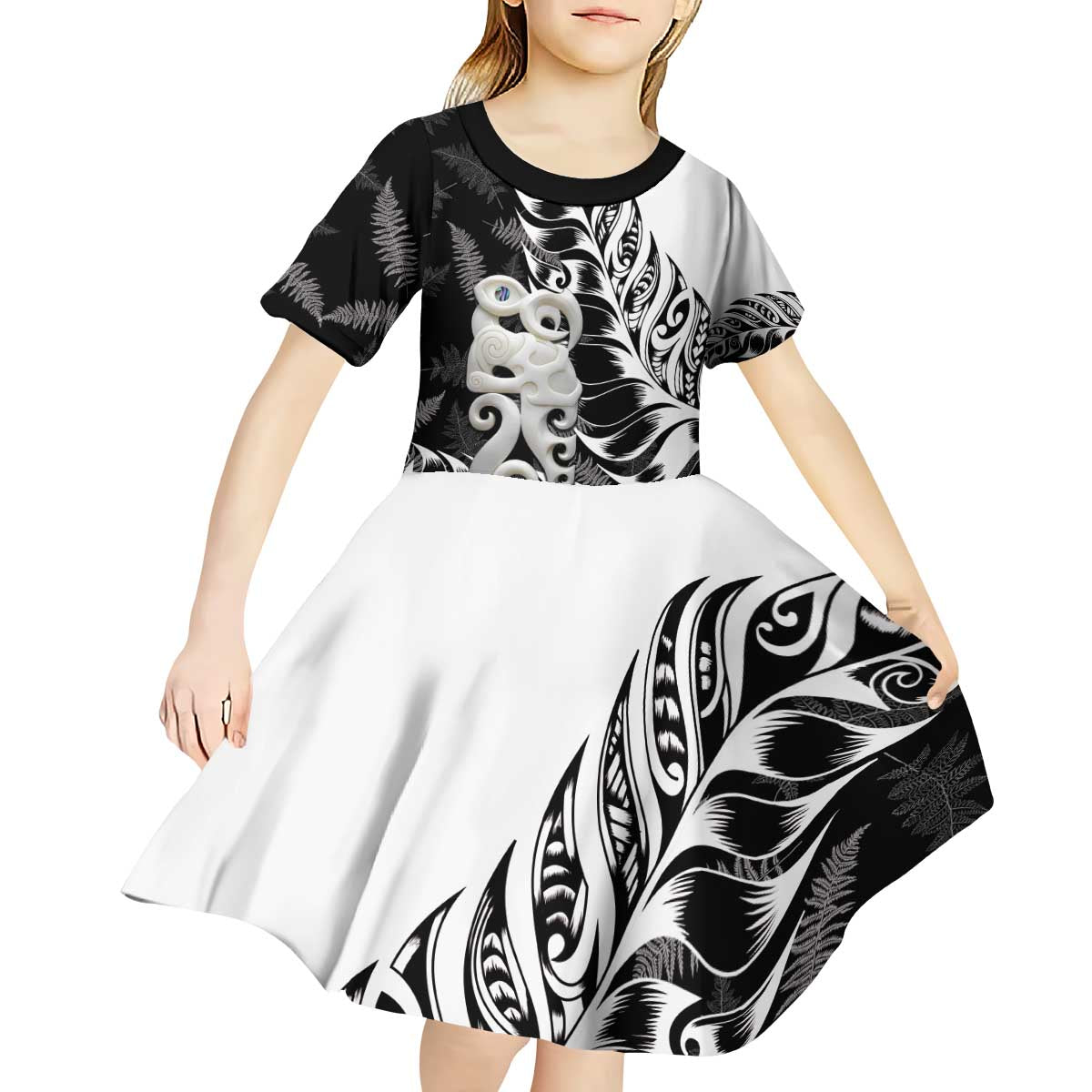 Aotearoa Manaia NZ Maori Silver Fern Kid Short Sleeve Dress - Vibe Hoodie Shop