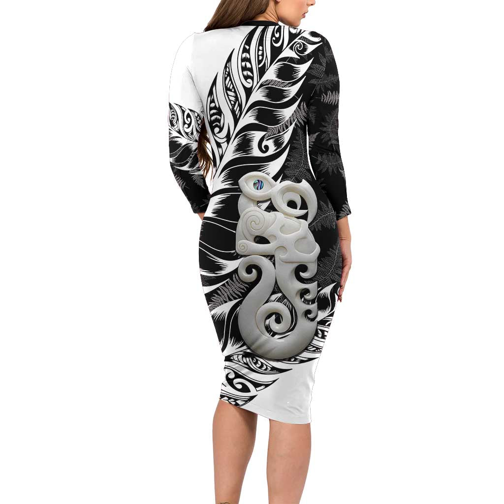 Aotearoa Manaia NZ Maori Silver Fern Long Sleeve Bodycon Dress