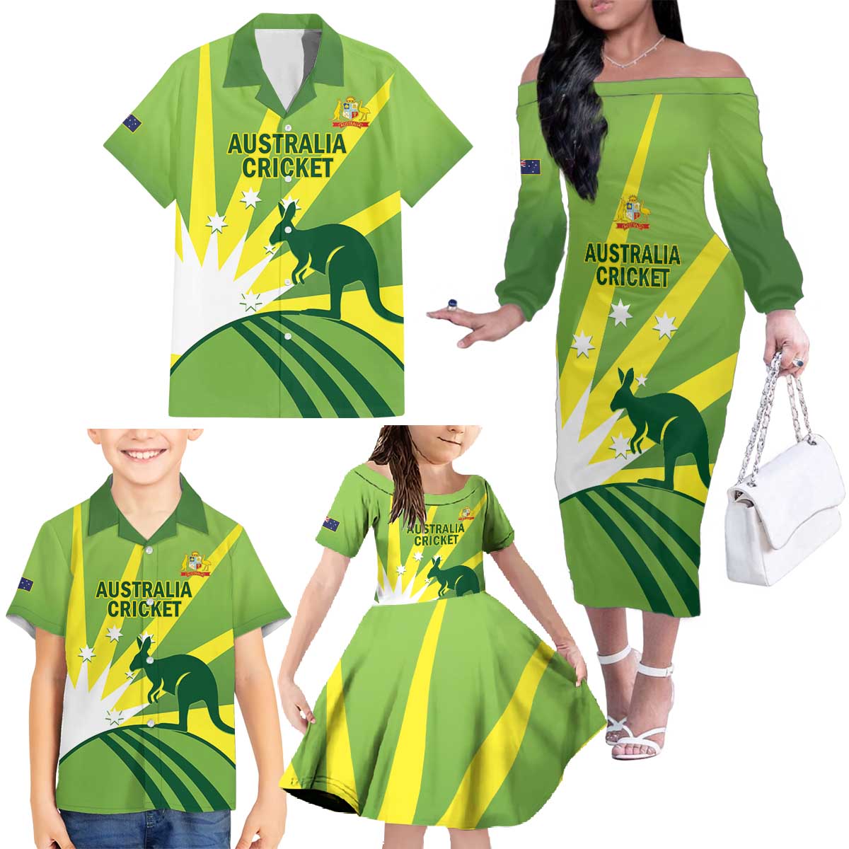 Custom Australia Cricket Family Matching Off The Shoulder Long Sleeve Dress and Hawaiian Shirt Go Champions Aussies