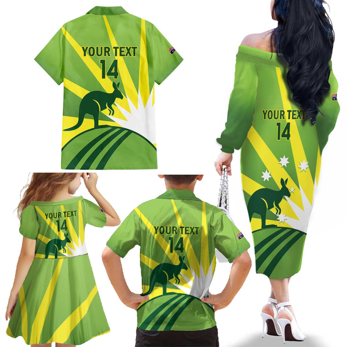 Custom Australia Cricket Family Matching Off The Shoulder Long Sleeve Dress and Hawaiian Shirt Go Champions Aussies