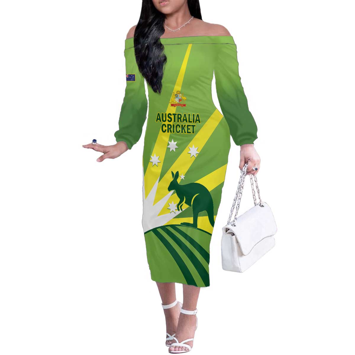 Custom Australia Cricket Family Matching Off The Shoulder Long Sleeve Dress and Hawaiian Shirt Go Champions Aussies