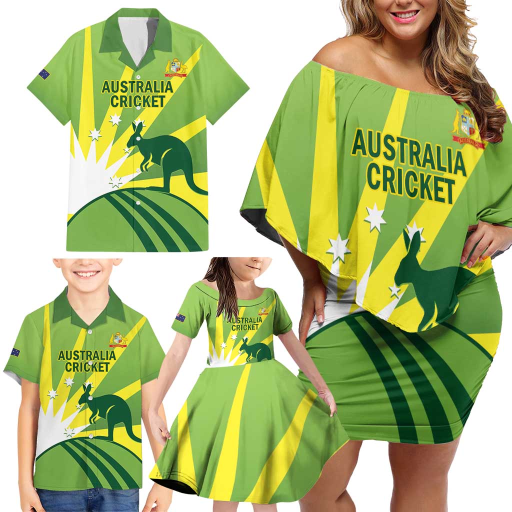 Custom Australia Cricket Family Matching Off Shoulder Short Dress and Hawaiian Shirt Go Champions Aussies