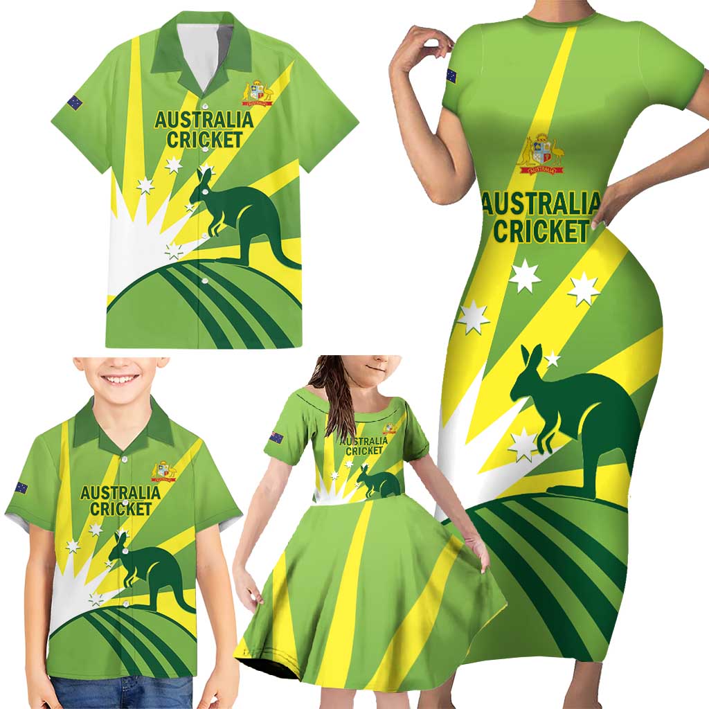 Custom Australia Cricket Family Matching Short Sleeve Bodycon Dress and Hawaiian Shirt Go Champions Aussies