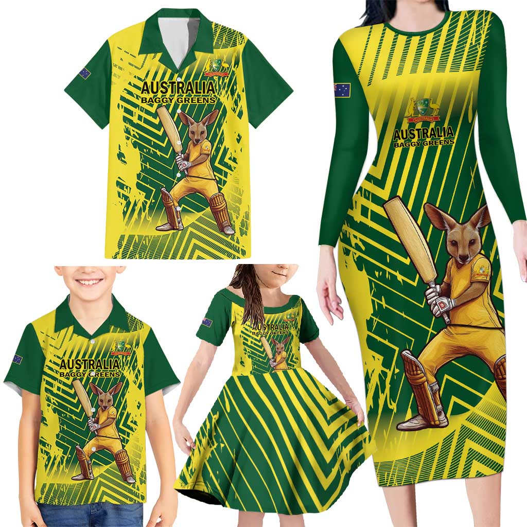 Custom Australia Cricket Family Matching Long Sleeve Bodycon Dress and Hawaiian Shirt Aussie Baggy Greens - Kangaroo Mascot Style