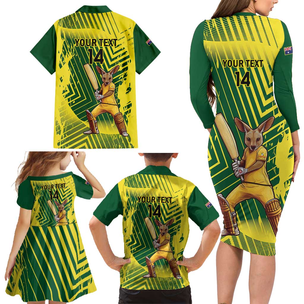 Custom Australia Cricket Family Matching Long Sleeve Bodycon Dress and Hawaiian Shirt Aussie Baggy Greens - Kangaroo Mascot Style