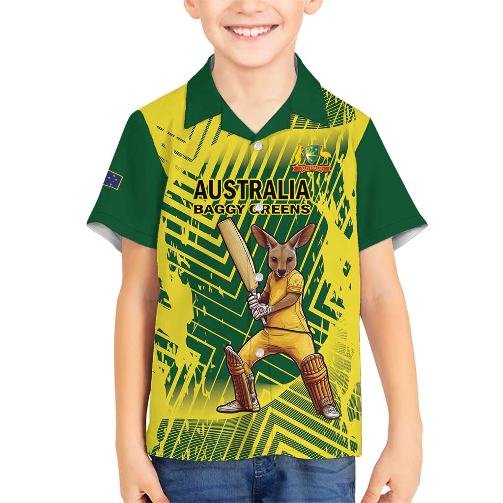 Custom Australia Cricket Family Matching Long Sleeve Bodycon Dress and Hawaiian Shirt Aussie Baggy Greens - Kangaroo Mascot Style