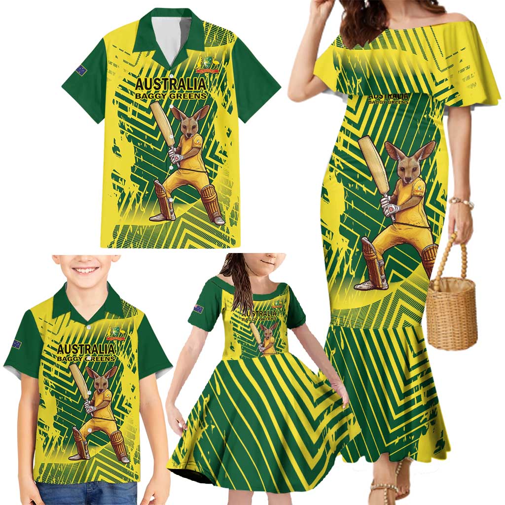 Custom Australia Cricket Family Matching Mermaid Dress and Hawaiian Shirt Aussie Baggy Greens - Kangaroo Mascot Style