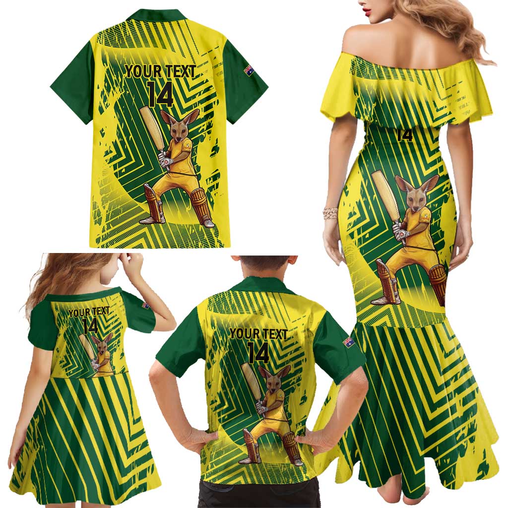 Custom Australia Cricket Family Matching Mermaid Dress and Hawaiian Shirt Aussie Baggy Greens - Kangaroo Mascot Style