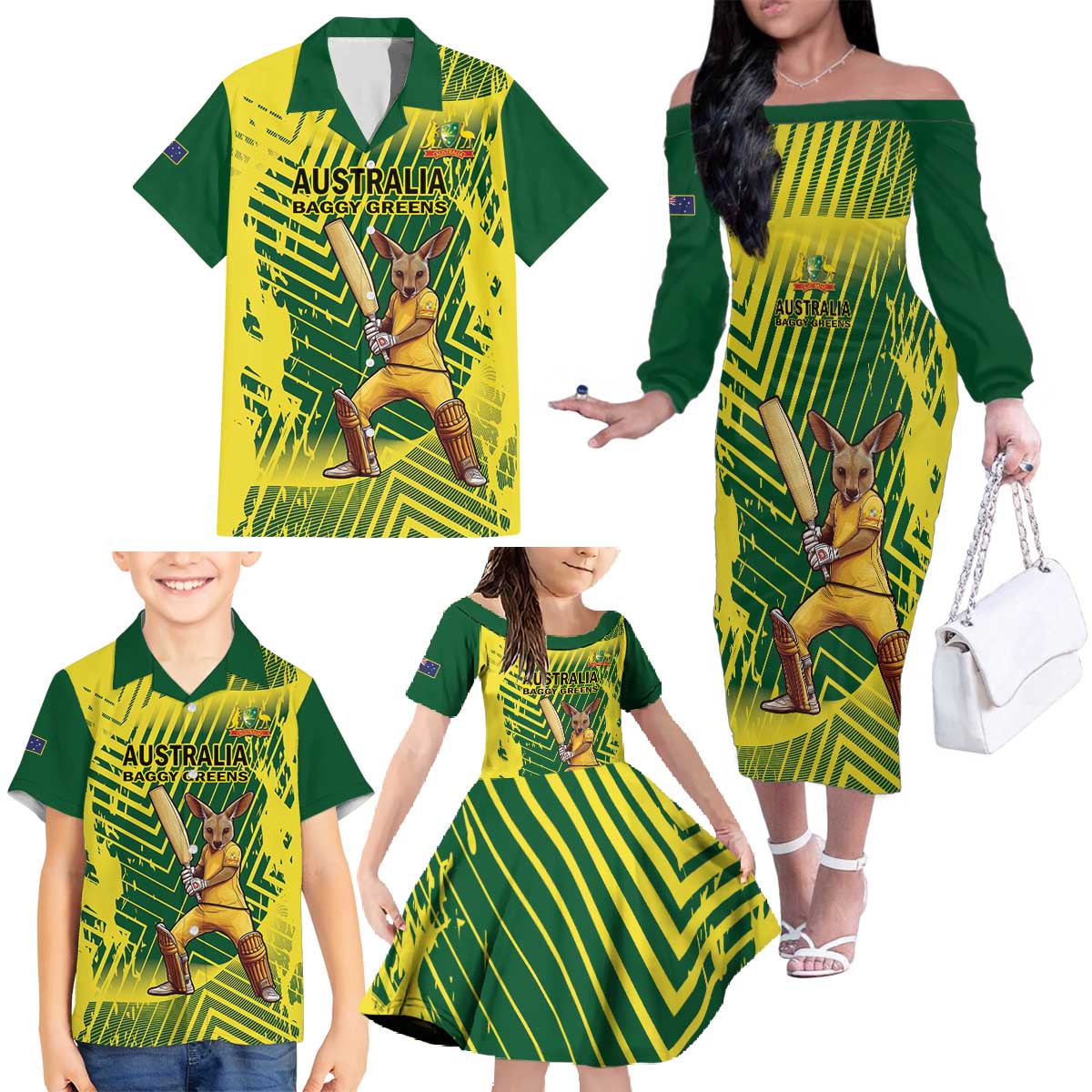Custom Australia Cricket Family Matching Off The Shoulder Long Sleeve Dress and Hawaiian Shirt Aussie Baggy Greens - Kangaroo Mascot Style