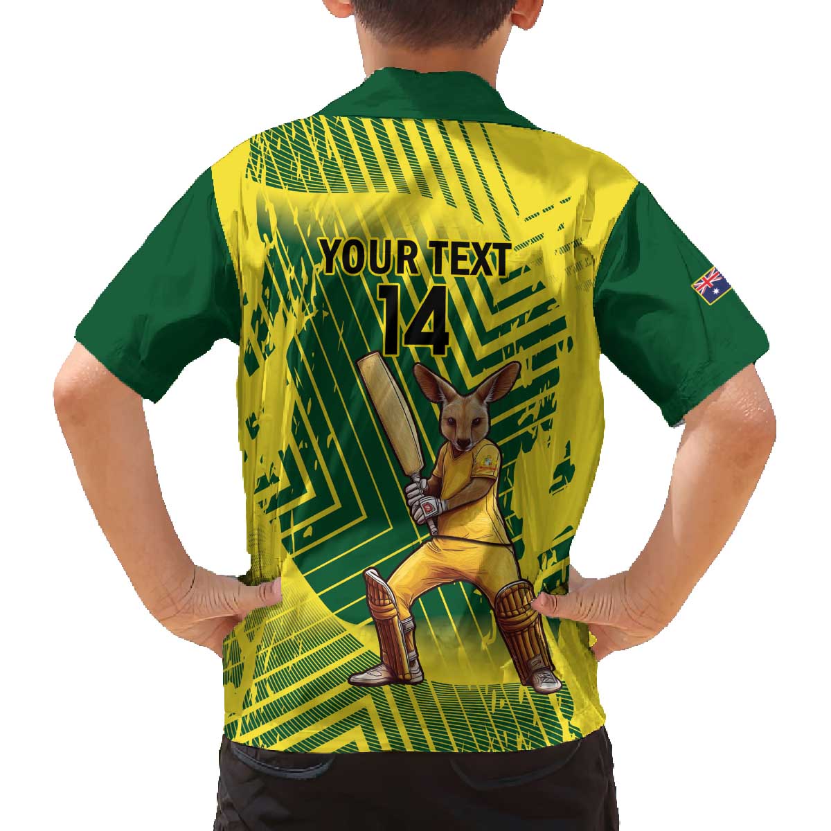 Custom Australia Cricket Family Matching Off The Shoulder Long Sleeve Dress and Hawaiian Shirt Aussie Baggy Greens - Kangaroo Mascot Style