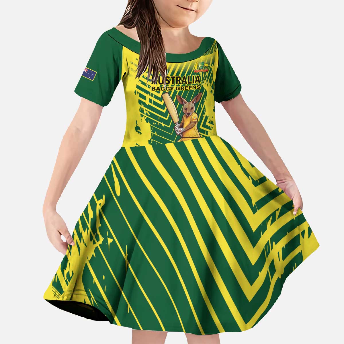 Custom Australia Cricket Family Matching Off The Shoulder Long Sleeve Dress and Hawaiian Shirt Aussie Baggy Greens - Kangaroo Mascot Style