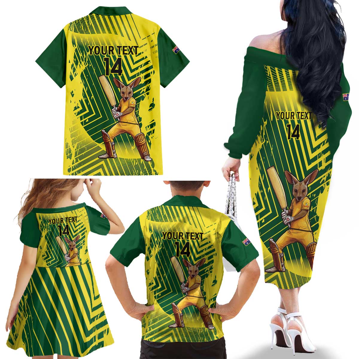 Custom Australia Cricket Family Matching Off The Shoulder Long Sleeve Dress and Hawaiian Shirt Aussie Baggy Greens - Kangaroo Mascot Style