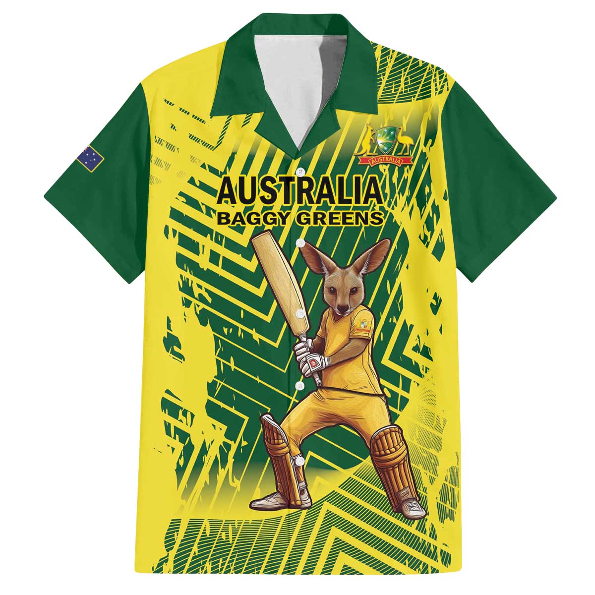 Custom Australia Cricket Family Matching Off The Shoulder Long Sleeve Dress and Hawaiian Shirt Aussie Baggy Greens - Kangaroo Mascot Style
