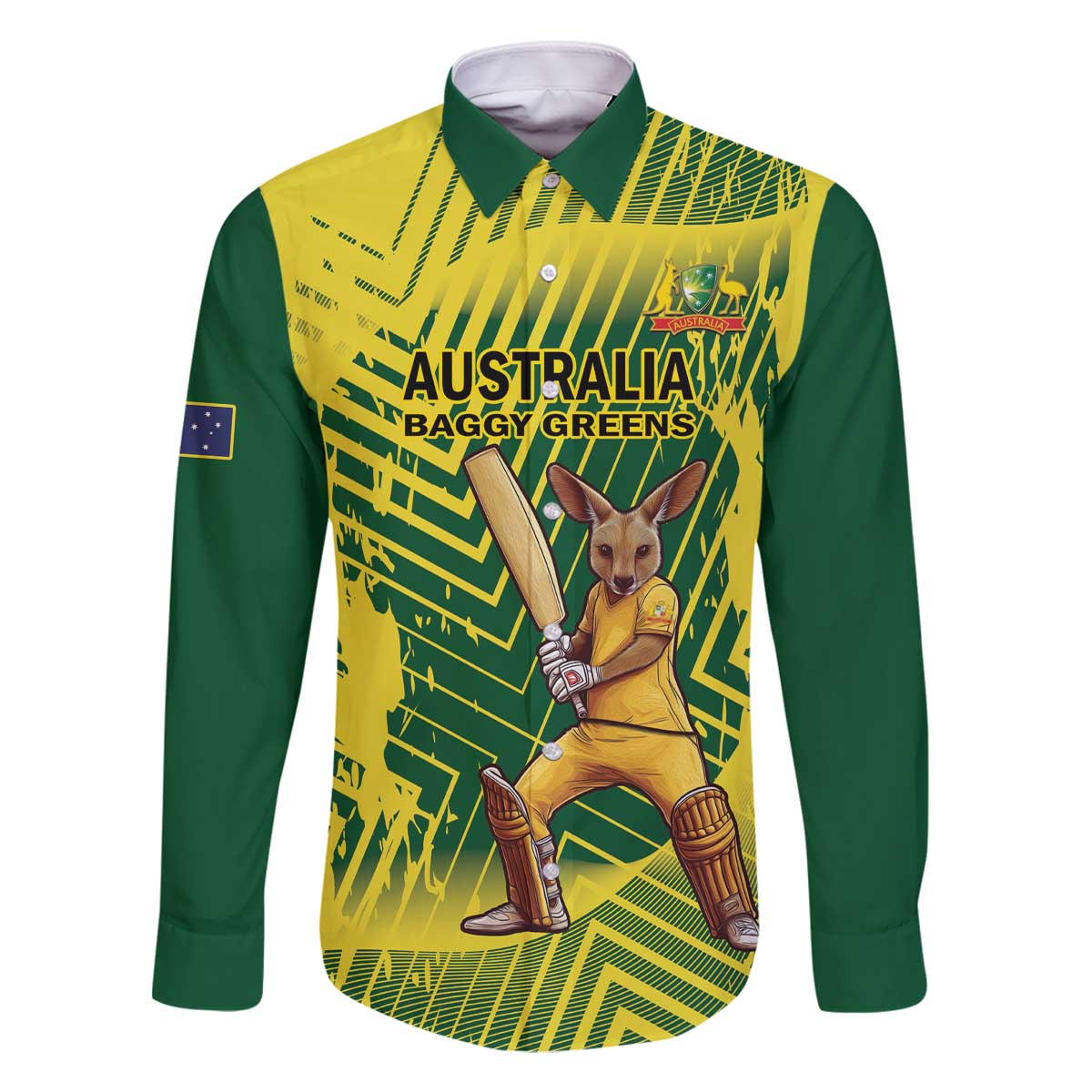 Custom Australia Cricket Family Matching Off The Shoulder Long Sleeve Dress and Hawaiian Shirt Aussie Baggy Greens - Kangaroo Mascot Style