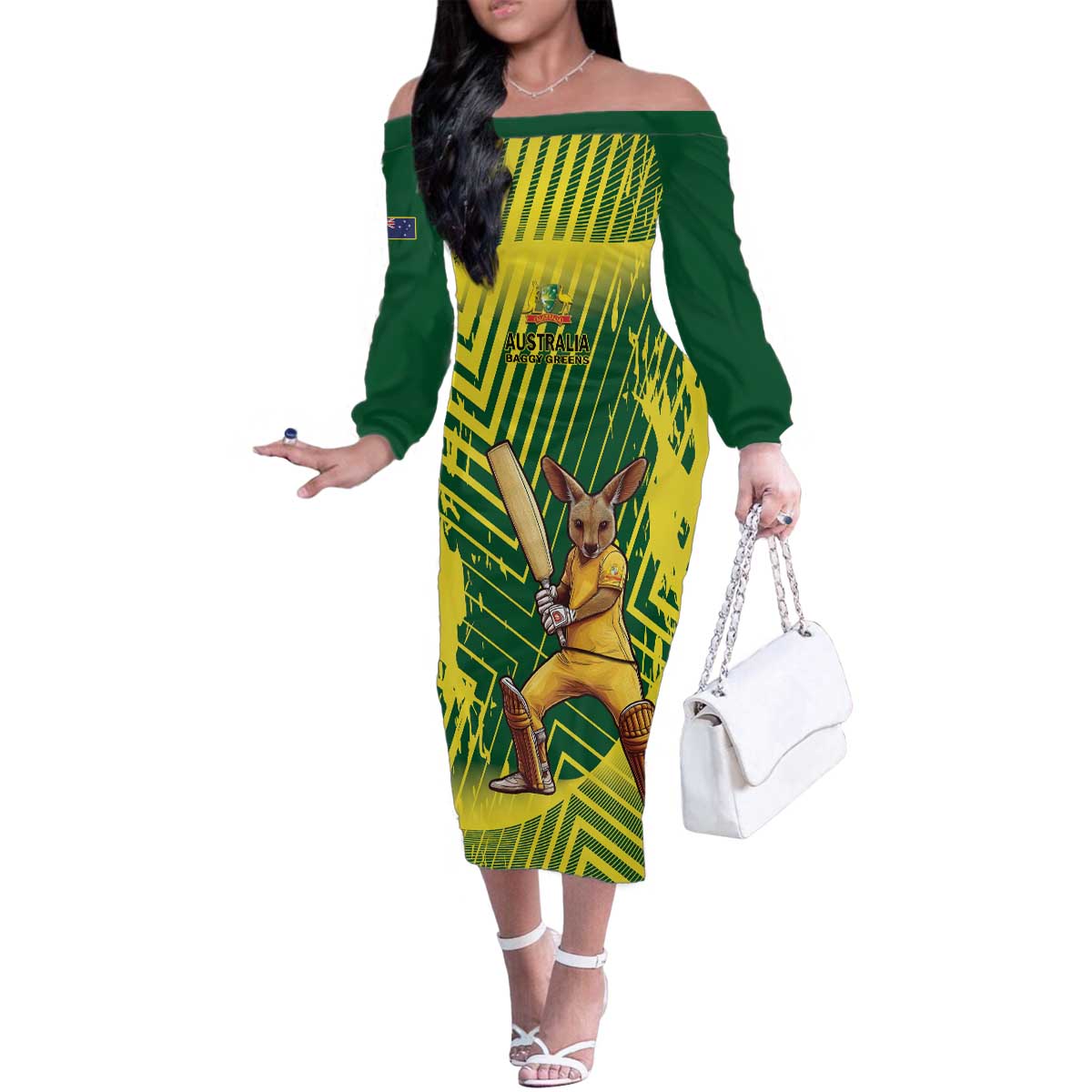 Custom Australia Cricket Family Matching Off The Shoulder Long Sleeve Dress and Hawaiian Shirt Aussie Baggy Greens - Kangaroo Mascot Style