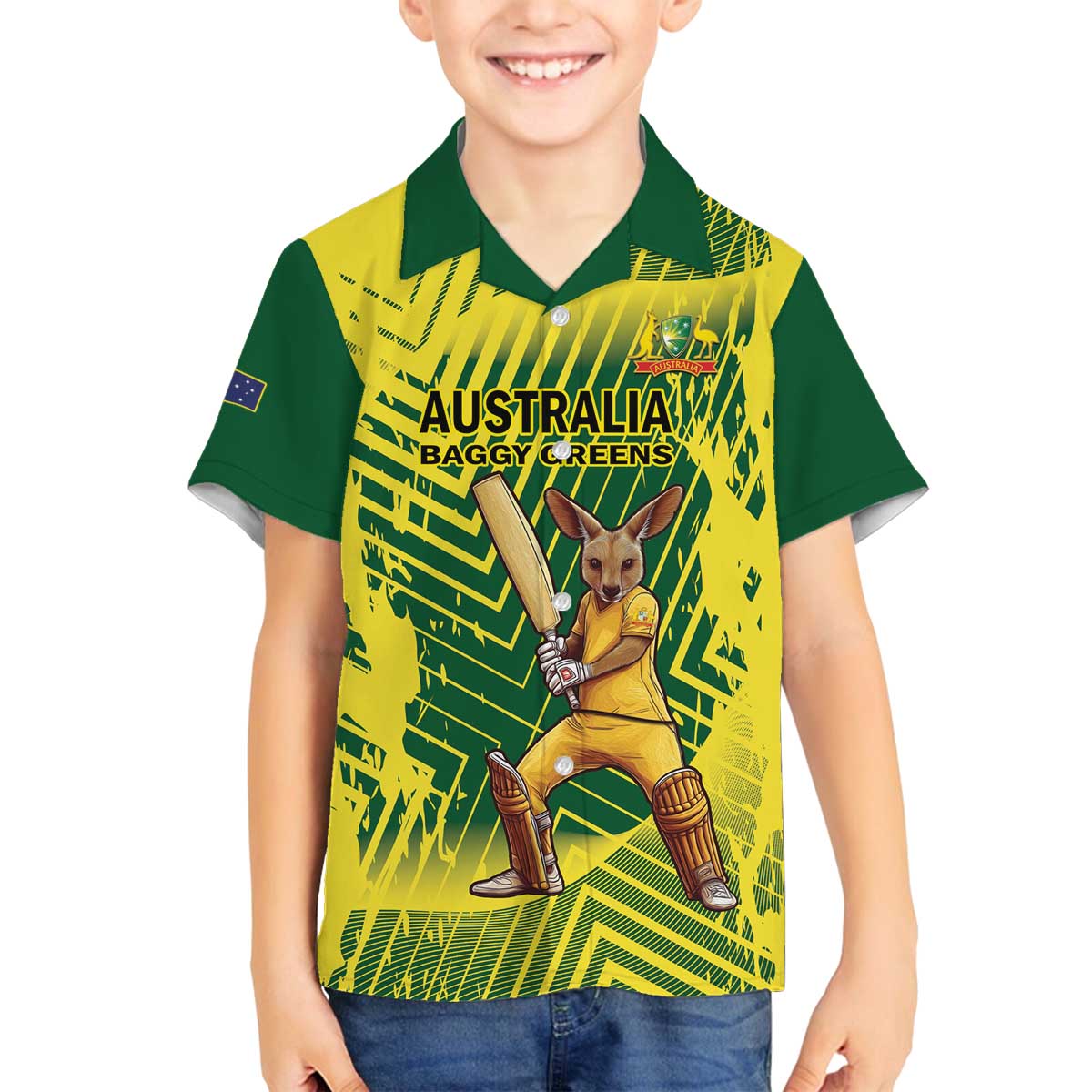 Custom Australia Cricket Family Matching Off The Shoulder Long Sleeve Dress and Hawaiian Shirt Aussie Baggy Greens - Kangaroo Mascot Style